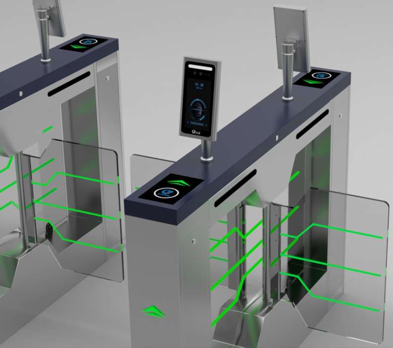 关键词：智慧通行，闸机设计，技术创新，深圳市武智科技;描述：深圳市武智科技智慧通行的智能闸机产品设计图，融合人脸识别等创新技术