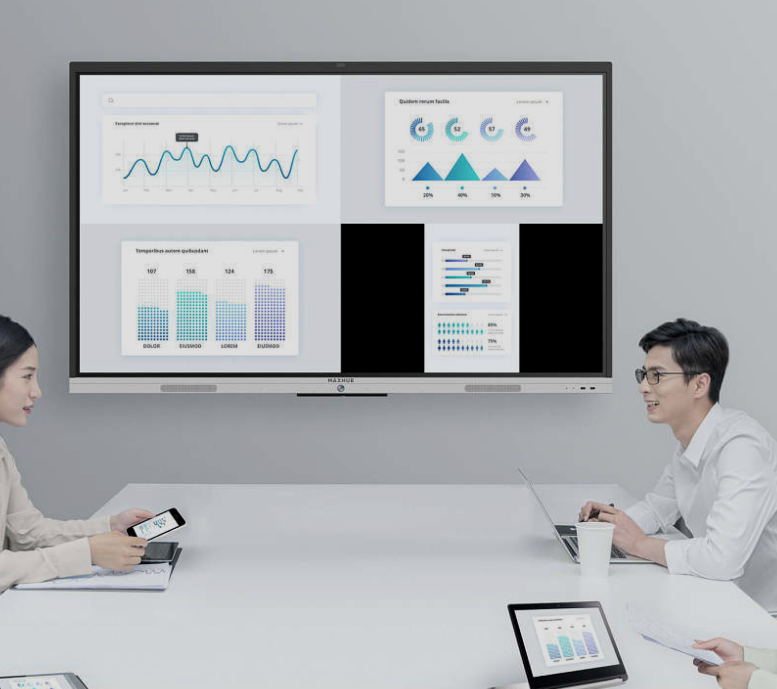 智慧会议室 武智科技 平板智能控制界面 会议全流程管理(时间 / 服务 / 门禁 / 议题) 智能办公终端;描述:武智科技智慧会议室的平板智能控制界面,集成会议剩余时间显示、服务请求、门禁控制、议题呼叫等功能,实现会议全流程智能化管理,是智慧办公核心终端之一。