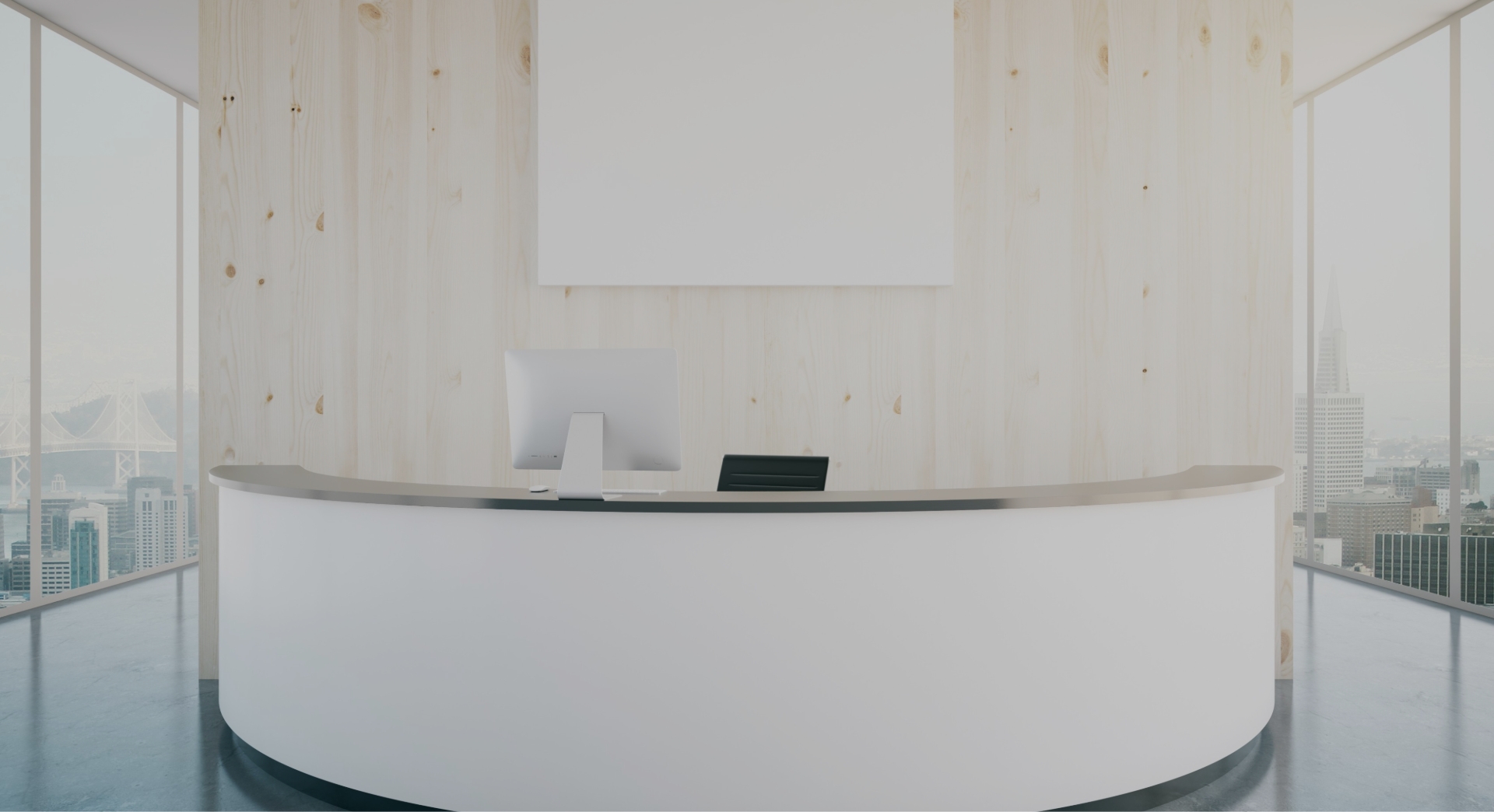 关键词：智慧通行场景、高端办公大堂、智能前台布局、办公空间入口
				描述：展现智慧通行场景下的高端办公大堂，前台区域设计简洁大气，为智能通行系统提供优雅的空间载体，是办公空间智慧入口的视觉呈现。