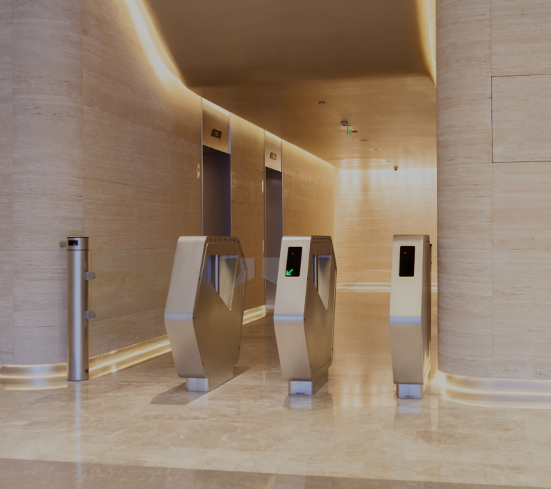 关键词：人行通道闸机、智慧通行管理、办公空间闸机系统、智能门禁控制
				描述：办公空间内的人行通道闸机场景，通过智能闸机系统实现人员的智慧通行管理与门禁控制，保障办公区域安全的同时提升通行效率。