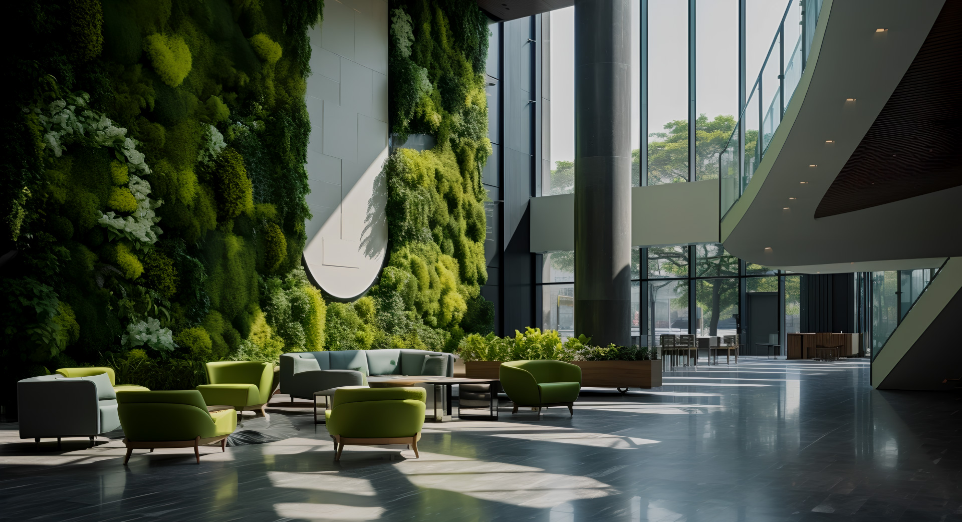 关键词：绿色生态办公空间、低碳办公环境、垂直绿化、可持续办公场景
      描述：融合垂直绿化与自然采光的生态办公大堂，通过植物墙与环保设计打造低碳办公环境，传递可持续办公理念，为员工营造亲近自然的绿色工作场景。